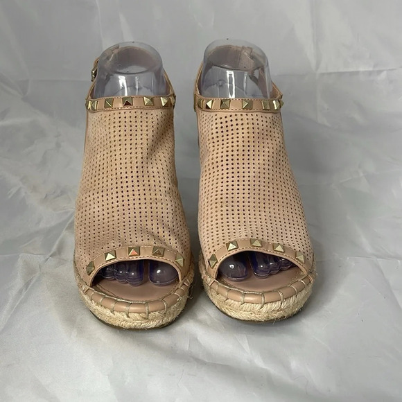 MARC FISHER Santon Tan Nude Espadrille Wedges Shoes Open Toe Gold Studded Boho 6 - Picture 3 of 12